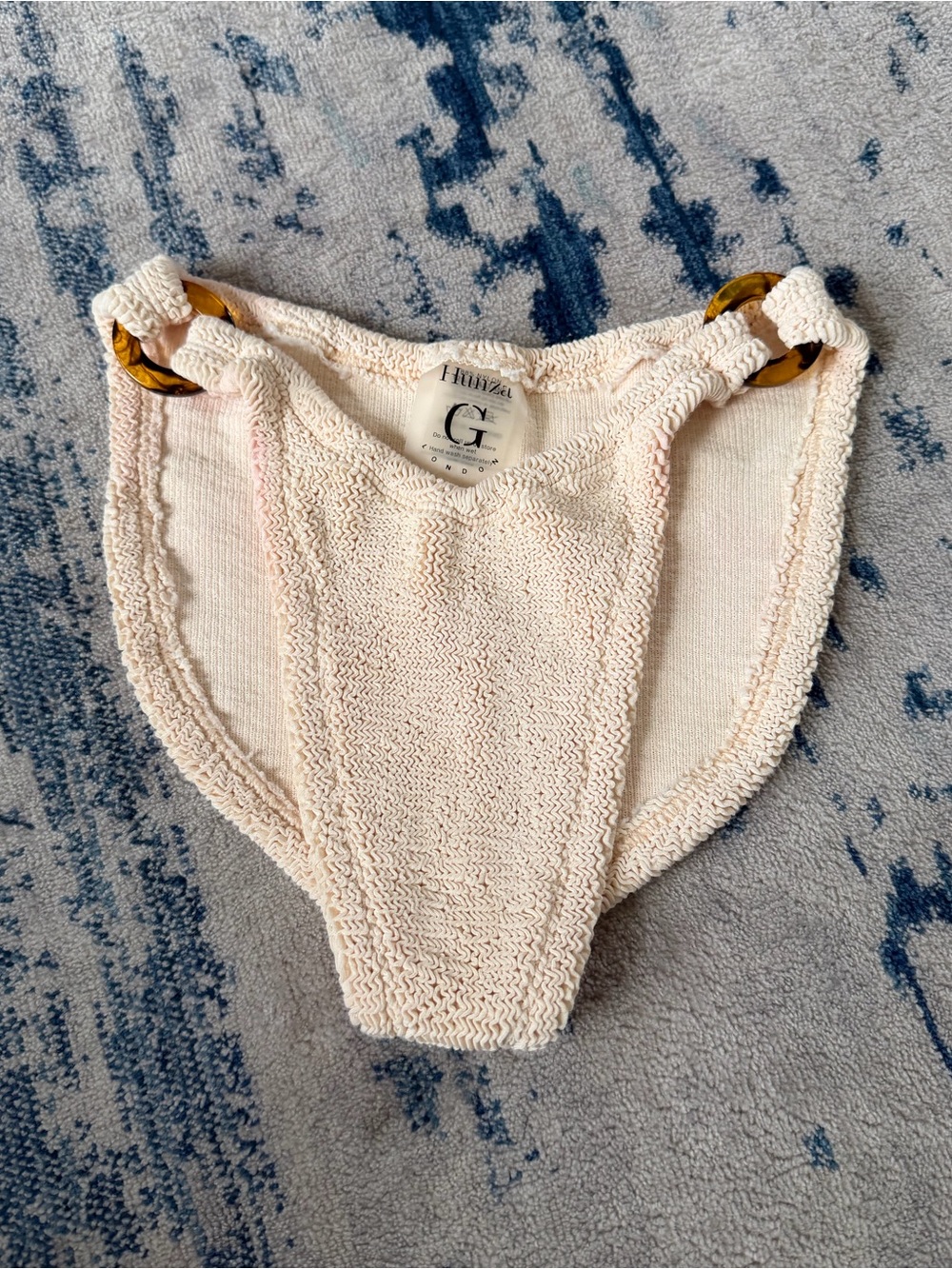 Hunza G Cream Textured Bikini Bottom with Tortoiseshell Rings